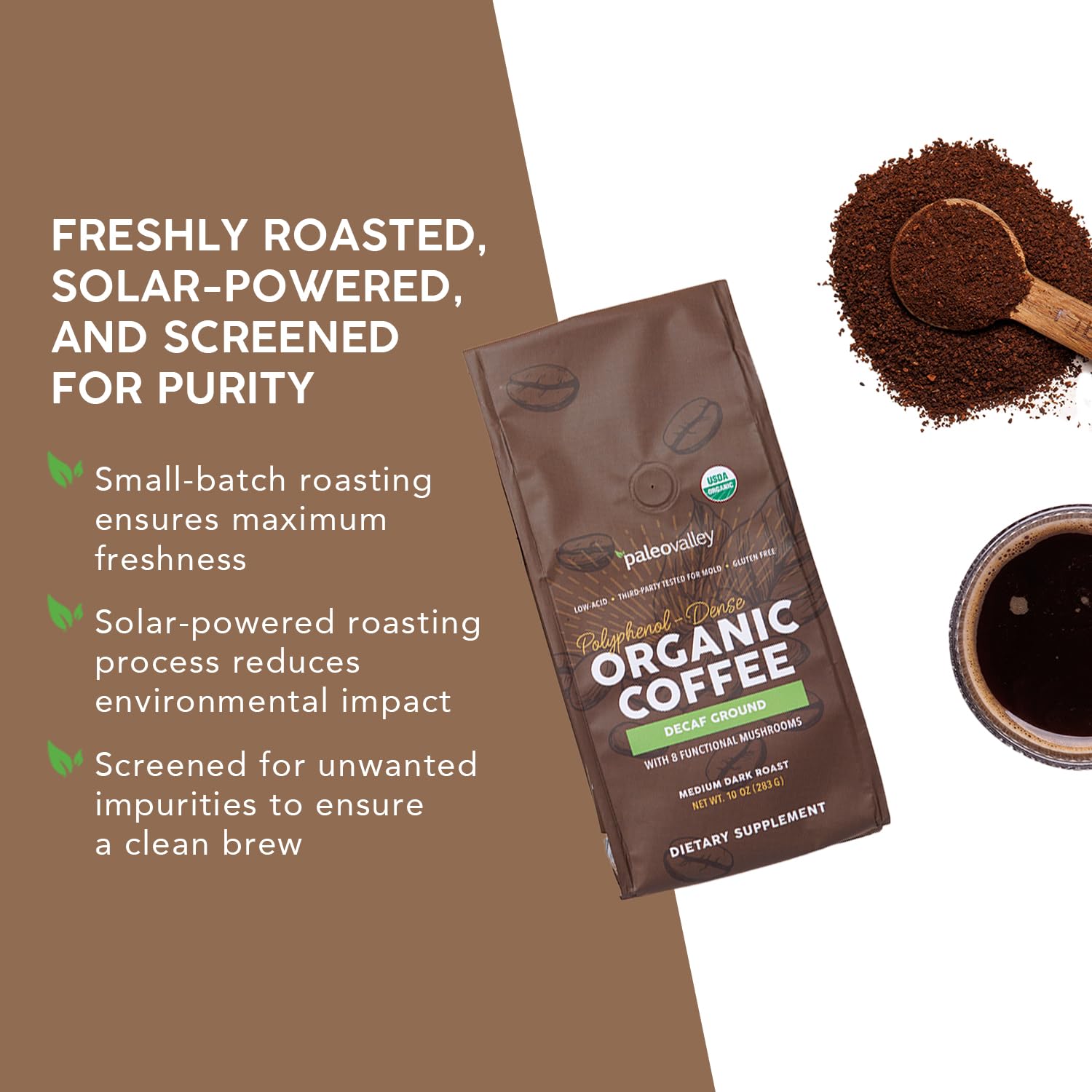 Paleovalley Organic Ground Coffee, 10oz - Decaf, Low Acid, Single-Origin, Polyphenol-Rich, Infused with Mushrooms PaleovalleyBuy Supplements Australia