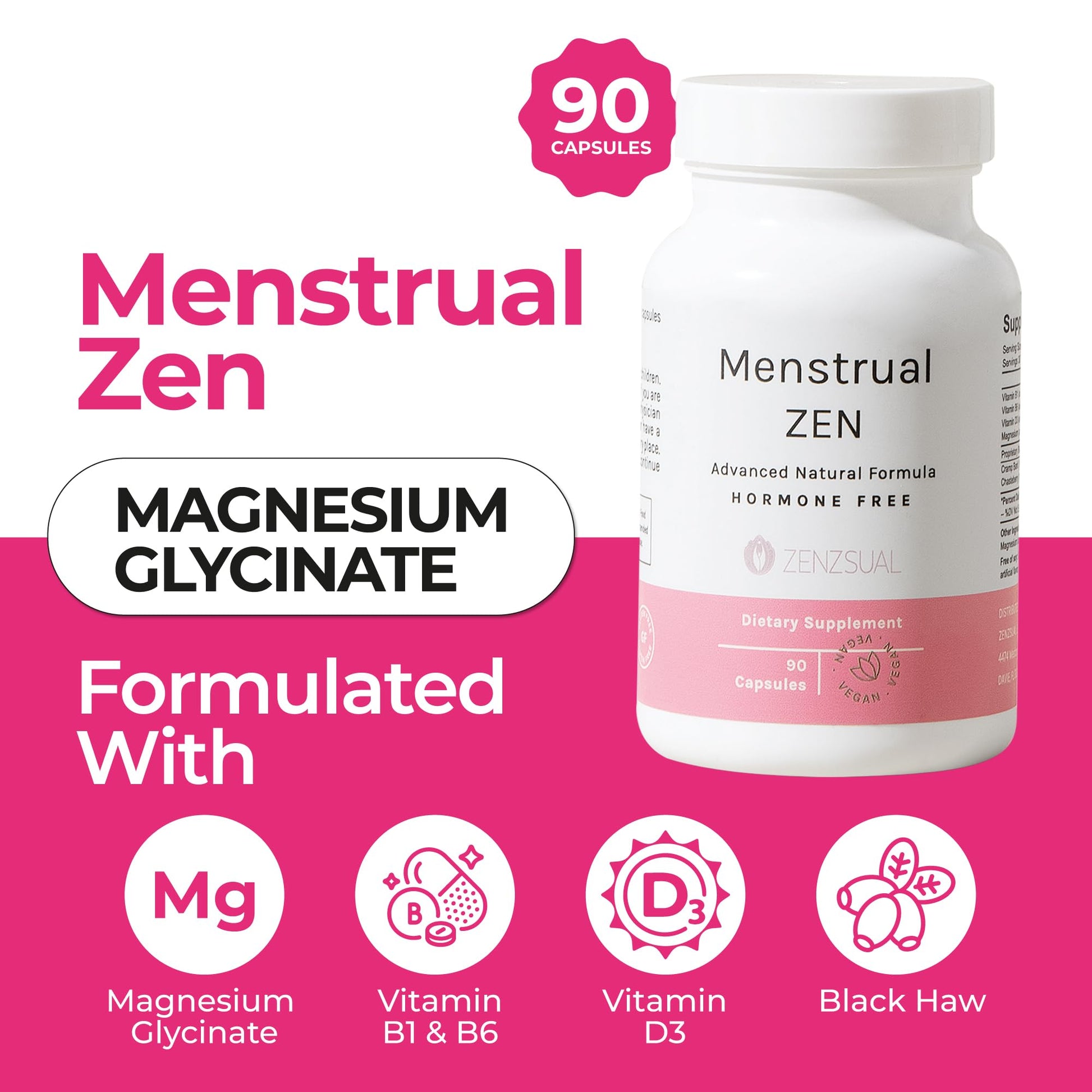 ZENZSUAL Menstrual Zen Natural and Hormone-Free Supplement – Support for Menstrual Cramps, Mood Swings and Period Pain – Diuretic Effect (90 Capsules / 2.7 Oz) ZENZSUALBuy Supplements Australia