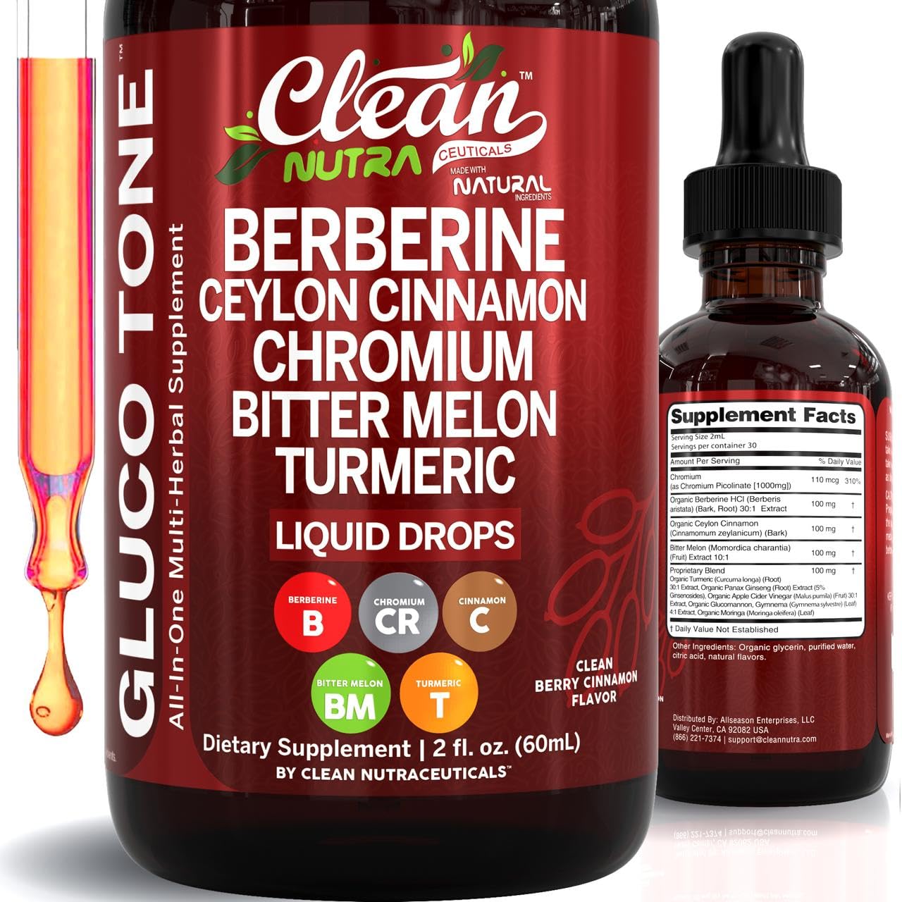 Clean Nutra Berberine with Ceylon Cinnamon Supplement Liquid Drops + Bitter Melon Extract, Glucomannan, Gymnema, Chromium