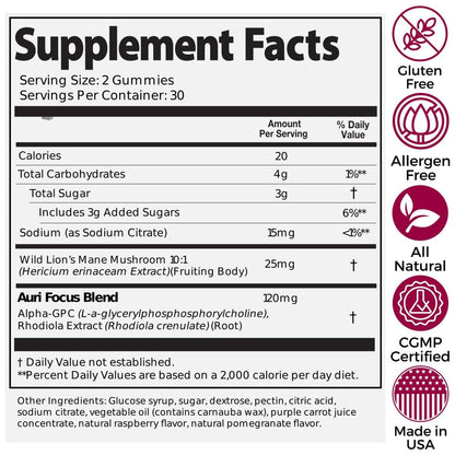 Auri Nutrition Super Mushroom Focus Gummies w/Lion's Mane, Alpha GPC & Rhodiola – Mushroom Supplement to Support Cognitive Function, Mental Clarity, Focus & Energy