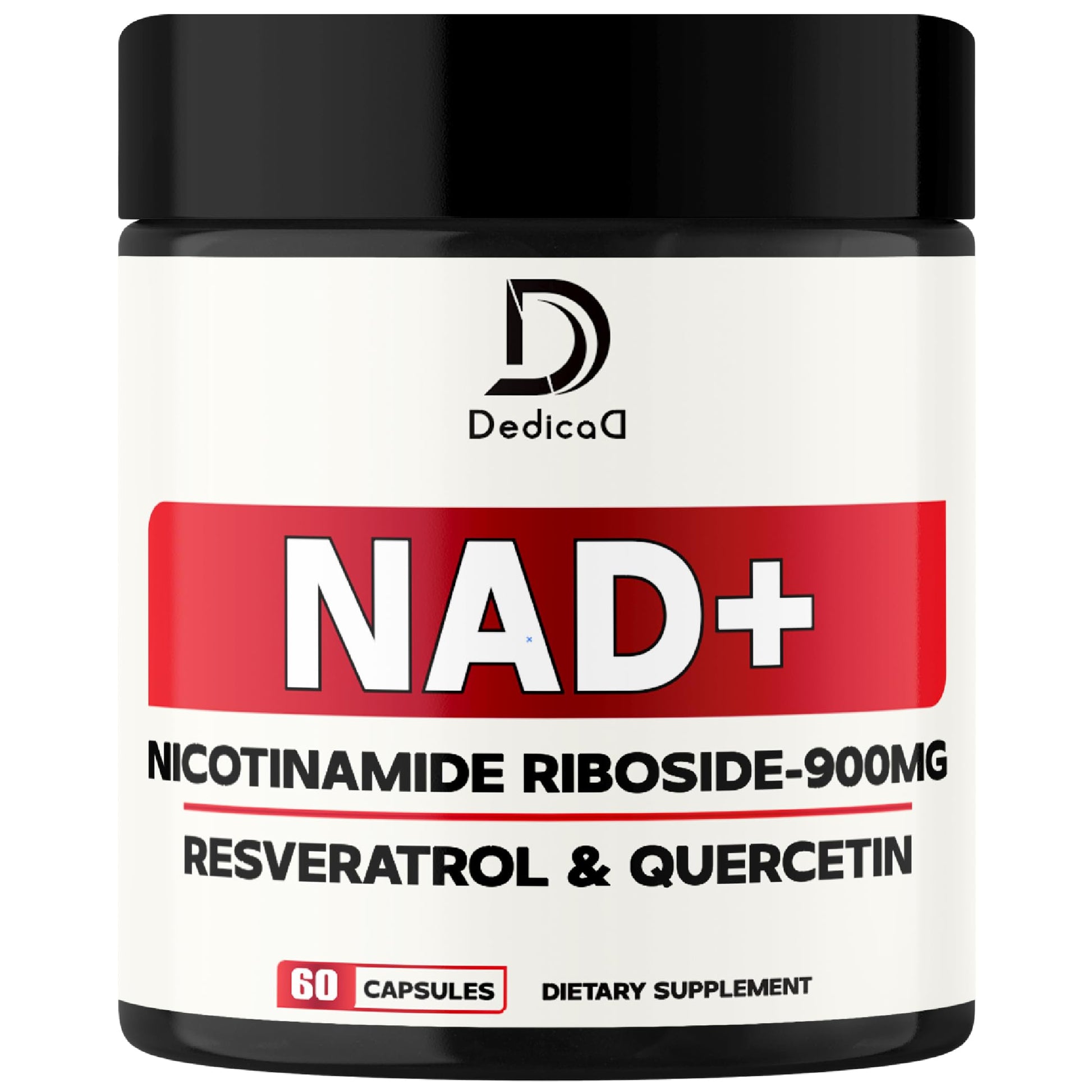 Supplement container labeled 'NAD+' with ingredients on a white background