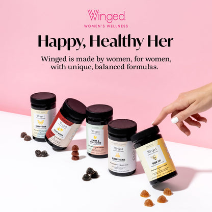 Winged Wellness Happy Her Mood Gummies - Daily Mood Enhancer Support Supplement for Women - Vitamin D with Saffron, Lemon Balm, & Lions Mane Mushrooms for Balance & Calming Relief - 50 Vegan Gummies WingedBuy Supplements Australia