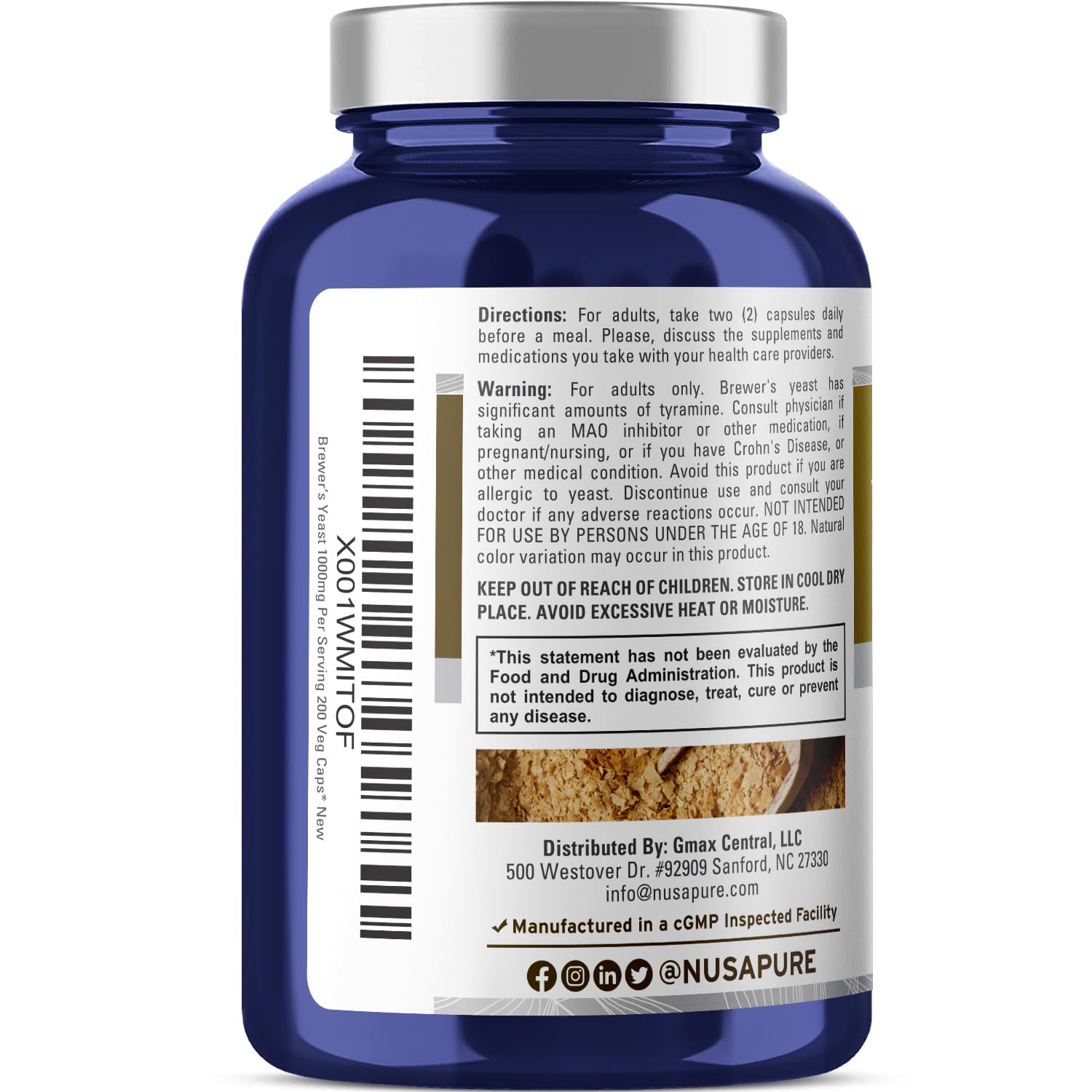 NusaPure Brewer’s Yeast - Suitable for Vegetarian/Vegan, Non - GMO - 1000mg 200 Capsules NusaPureBuy Supplements Australia