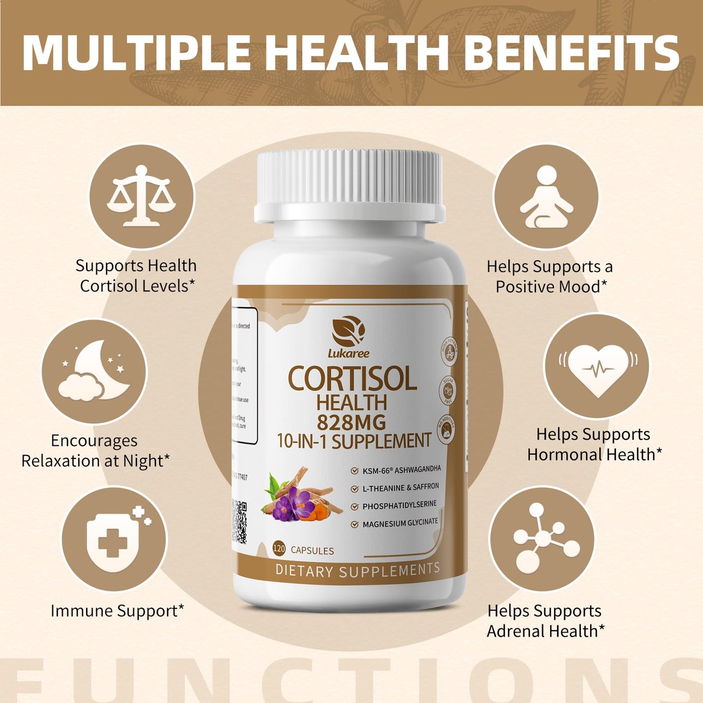 10-IN-1 Cortisol Supplements w/ KSM-66® Ashwagandha 300mg + L-Theanine 250mg, Magnesium Glycinate, Saffron, Phosphatidylserine, Turmeric & Vitamin C D3 B6 B5, For Women Men, 120 Capsules 60-Day Supply LukareeBuy Supplements Australia