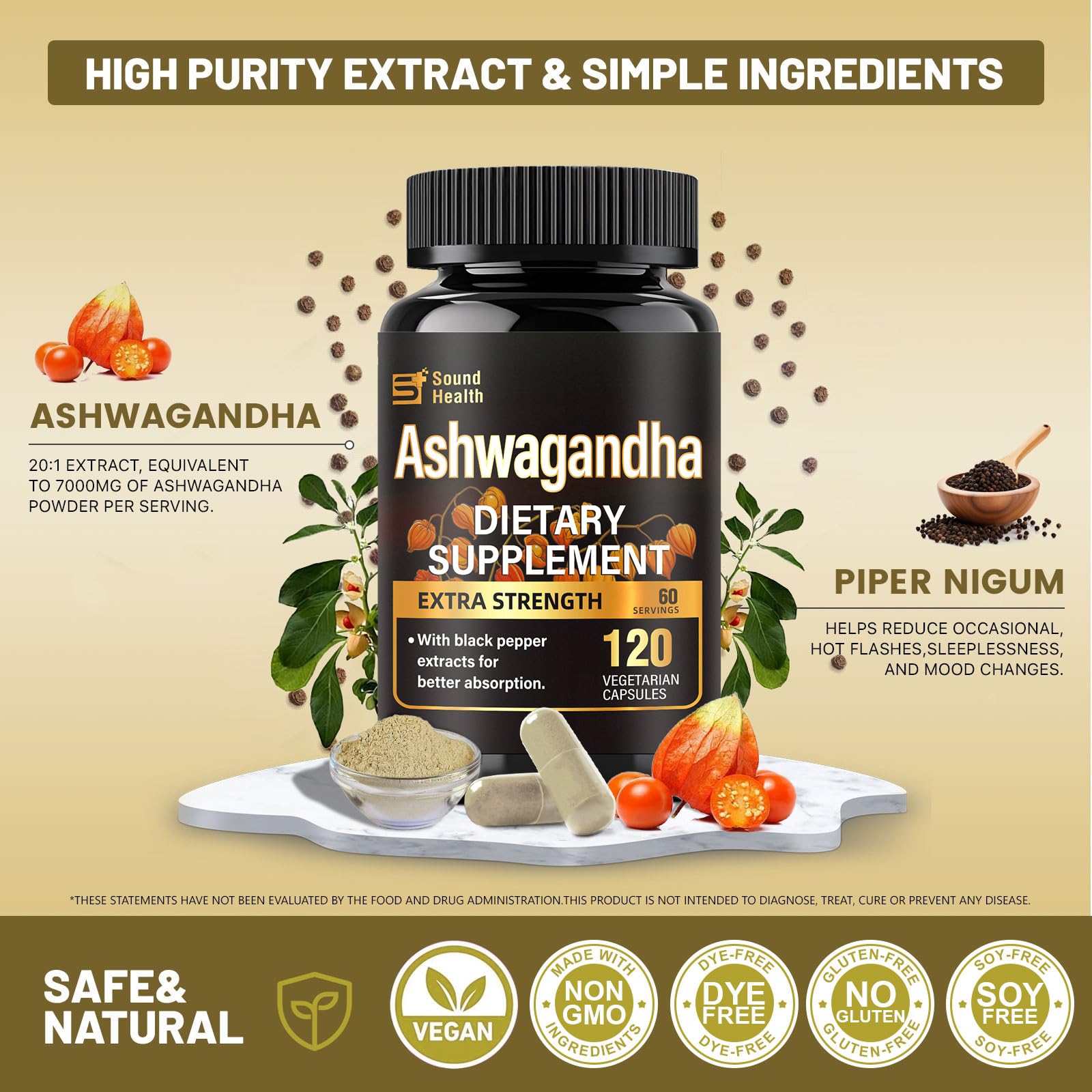 7000mg Ashwagandha Supplements Powder (20:1 Root Extract), 120 Organic Ashwagandha Capsules for Women & Men, Black Pepper & BioPerine for Absorption, Non GMO, Third-Party Tested, Gluten Free SoundHealthBuy Supplements Australia