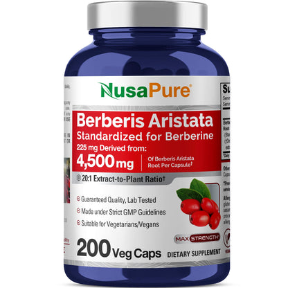 NusaPure Berberine HCI 20:1 Extract, 225 mg Equivalent to 4,500mg - 200 Veggie Caps - (Vegetarian, Non-GMO, Vegan) NusaPureBuy Supplements Australia
