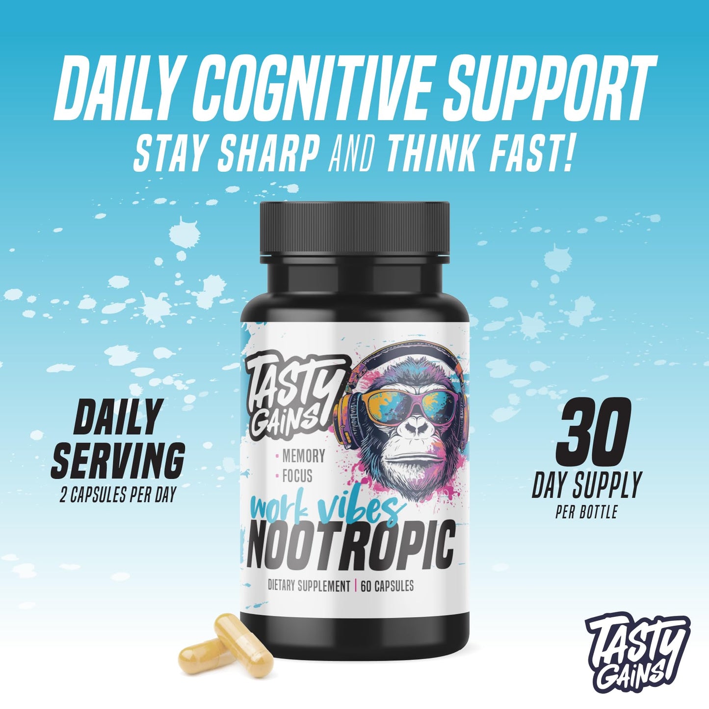 Nootropic Brain Supplement for Memory and Focus - Vitamin for Mental Health & Brain Health with L-Theanine, Rhodiola Rosea & Phosphatidylserine - Memory, Mental Clarity & Cognitive Improvement - 60 Ct TASTY GAINSBuy Supplements Australia