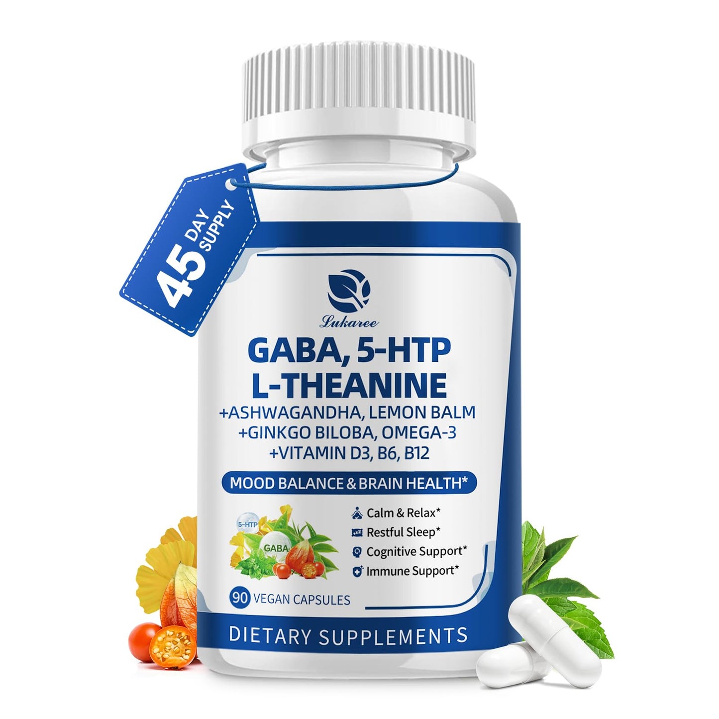 GABA Supplements 750mg with L Theanine, 5HTP, Ashwagandha, Lemon Balm, Ginkgo Biloba, Omega-3, 10 in 1 GABA Calm Capsules for Sleep, Relaxation, Focus, Mood Support, Cortisol Balance - 90CT LukareeBuy Supplements Australia