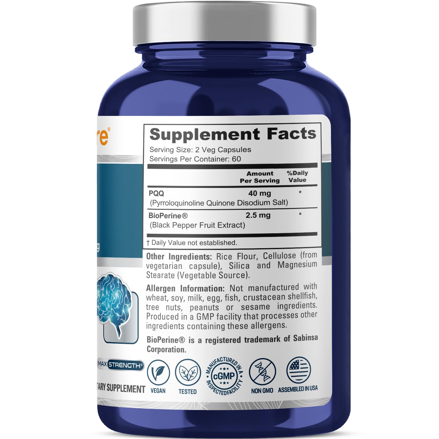 NusaPure PQQ Supplement 40 mg, 120 Veggie Capsules, Non-GMO, Pyrroloquinoline Quinone Disodium Salt, Bioperine & Vegan NusaPureBuy Supplements Australia