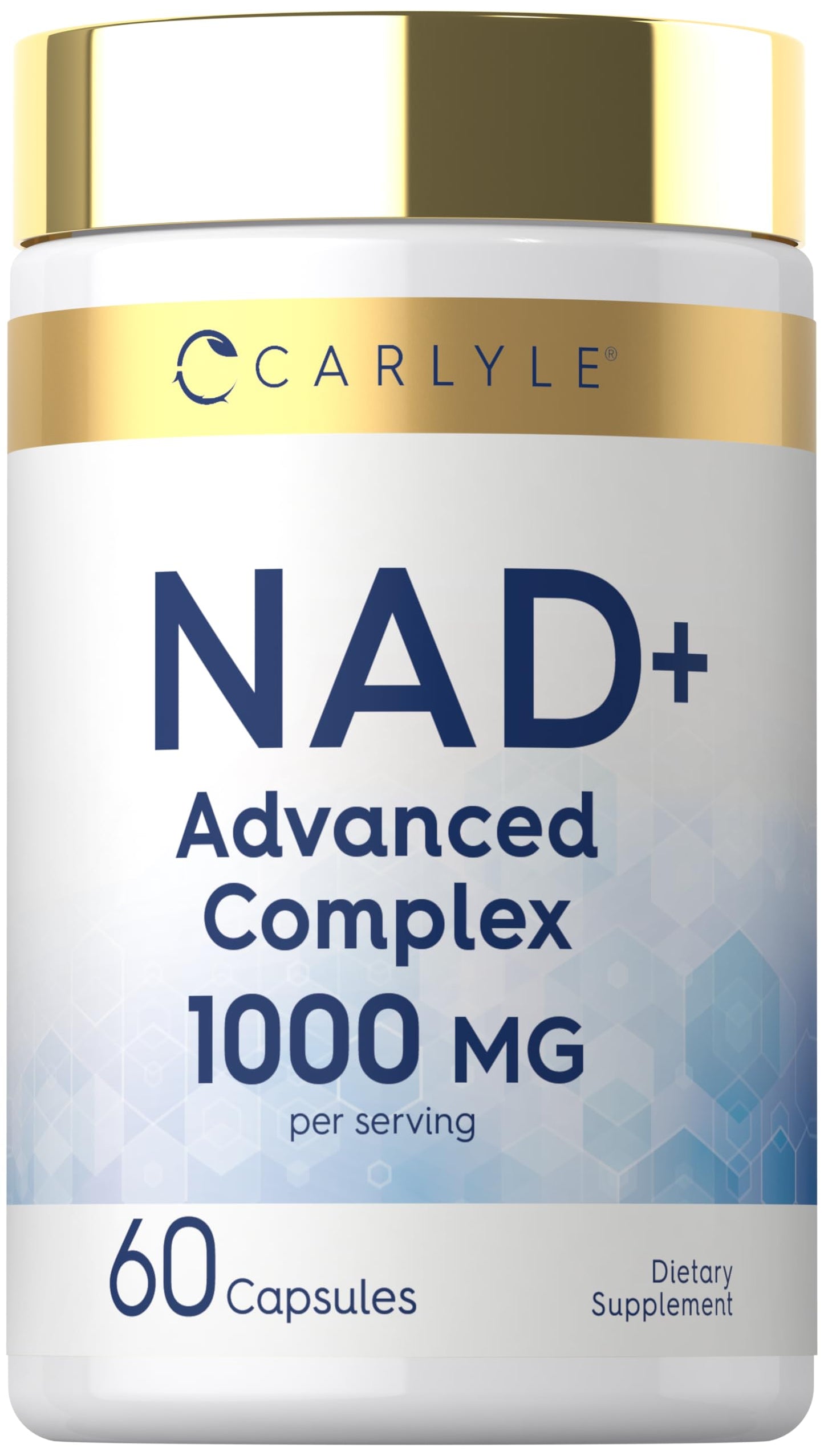 Supplement container labeled 'NAD+ Advanced Complex 1000 MG' by Carlyle on a white background.