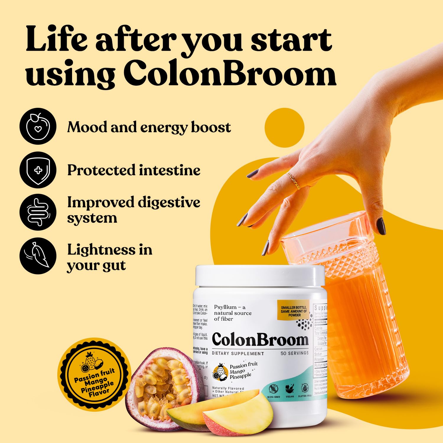 ColonBroom Psyllium Husk Powder with Stevia (Tropical Fruits) - Colon Cleanse for Bloating Relief & Gut Health - Colon Broom Fiber Powder Drink - Vegan Fiber Powder Stevia Supplement, 100 Servings ColonBroomBuy Supplements Australia