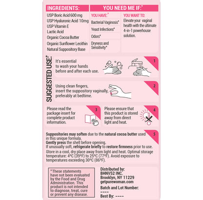 PURE WOMAN - pH-ighter Vaginal Boric Acid Suppositories for Women - Hyaluronic Acid - 4 in 1 Vaginal Suppositories for Discomfort, Dryness, Odor & pH Balance- Full Vaginal Health Care - 7pk PURE WOMANBuy Supplements Australia