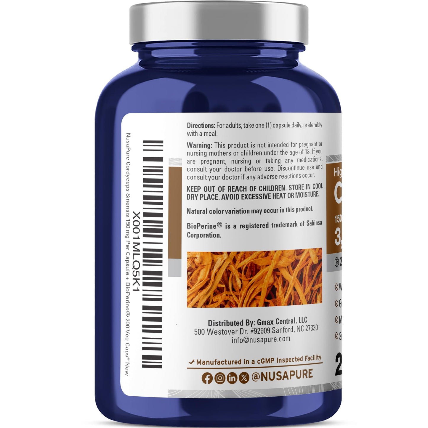 NusaPure Cordyceps 20:1 Extract, 150 mg Equivalent to 3,000mg 200 Veggie Capsules (Sinensis CS-4, Non-GMO, Vegan) Bioperine NusaPureBuy Supplements Australia