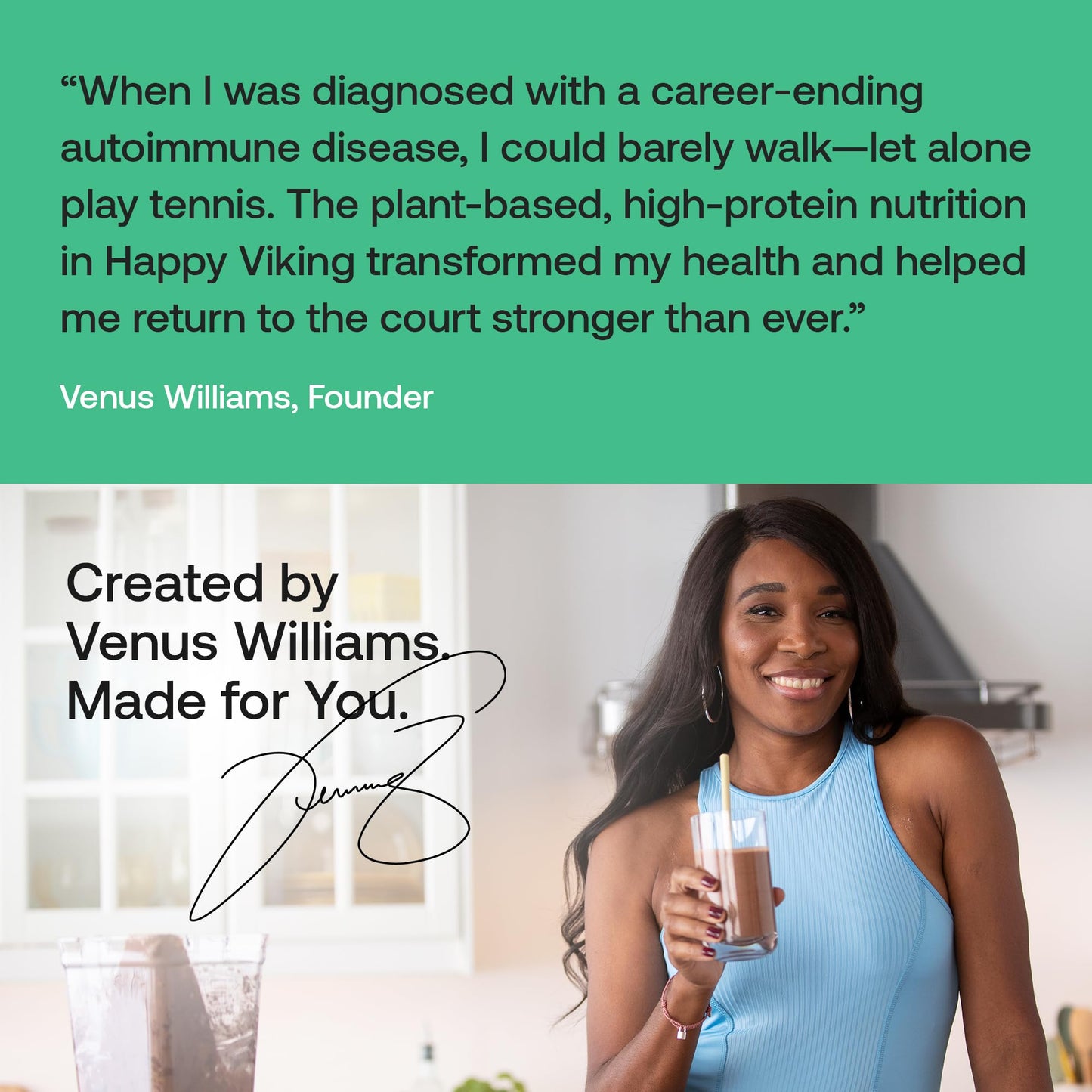 Happy Viking Plant-Based Protein Powder +100 Superfoods Vanilla Meal Replacement Shake, Created by Venus Williams, 30g Plant Protein, 10g Fiber, Vegan, Gluten-Free, Non-GMO, 15 Meals