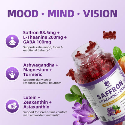 10-in-1 Saffron Supplements Gummies - Saffron Extract 88.5 mg with L-Theanine, GABA, Ashwagandha, Turmeric,Magnesium – Mood, Focus, Vision Support & Cortisol Balance, Sugar Free, Vegan, 60 Counts LukareeBuy Supplements Australia