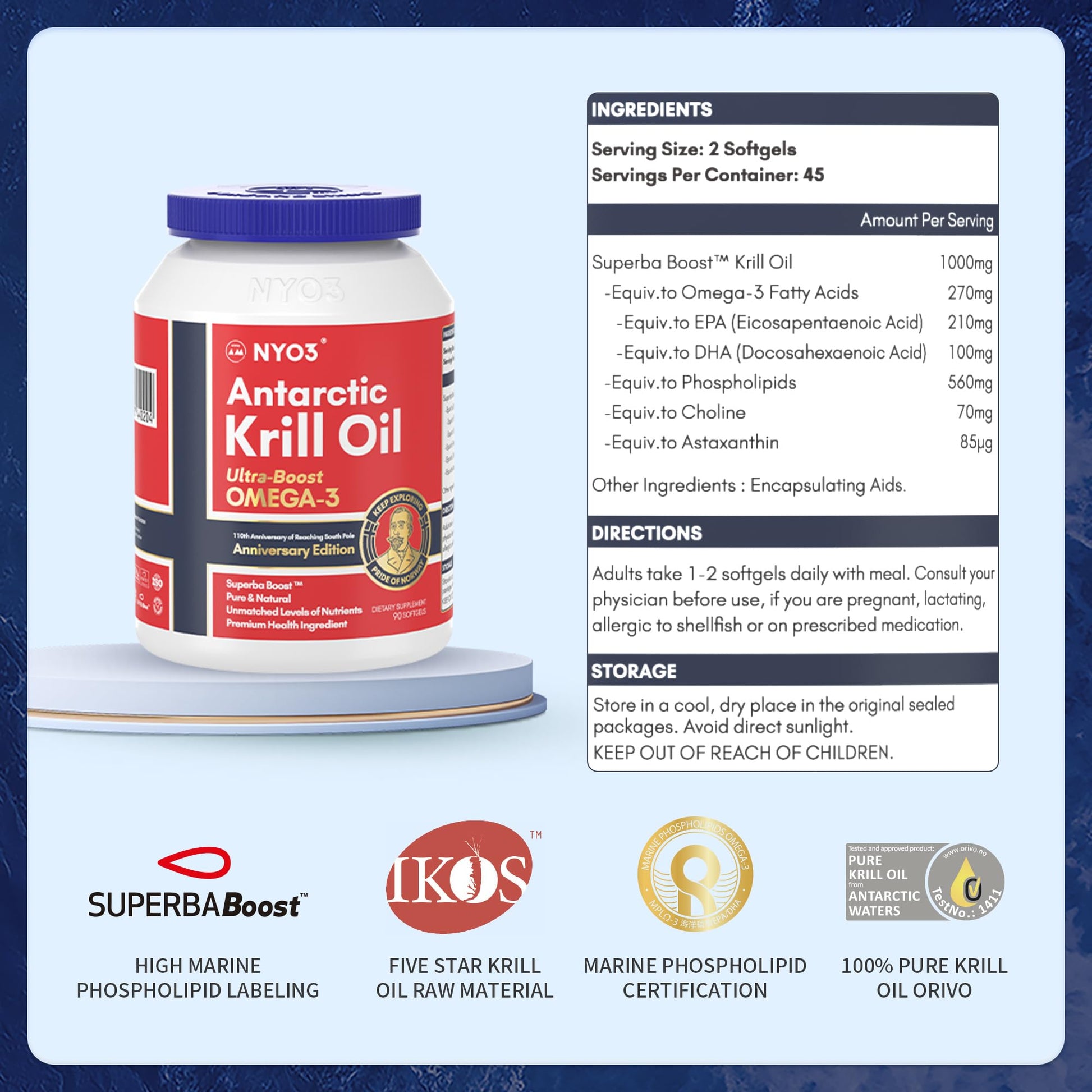 NYO3 Antarctic Krill Oil 1000mg Omega 3 Supplement, EPA & DHA, 90 Softgels Astaxanthin NYO3Buy Supplements Australia