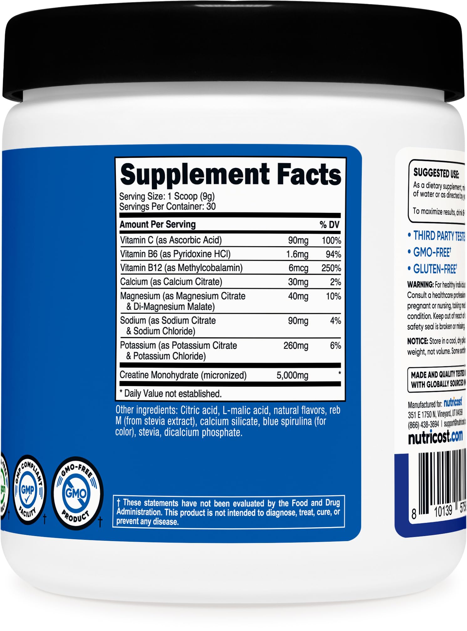 Nutricost Creatine Monohydrate + Hydration Blue Raspberry Flavored (30 Servings) - 7 Vitamins & Minerals, 5000mg of Creatine Per Serving NutricostBuy Supplements Australia