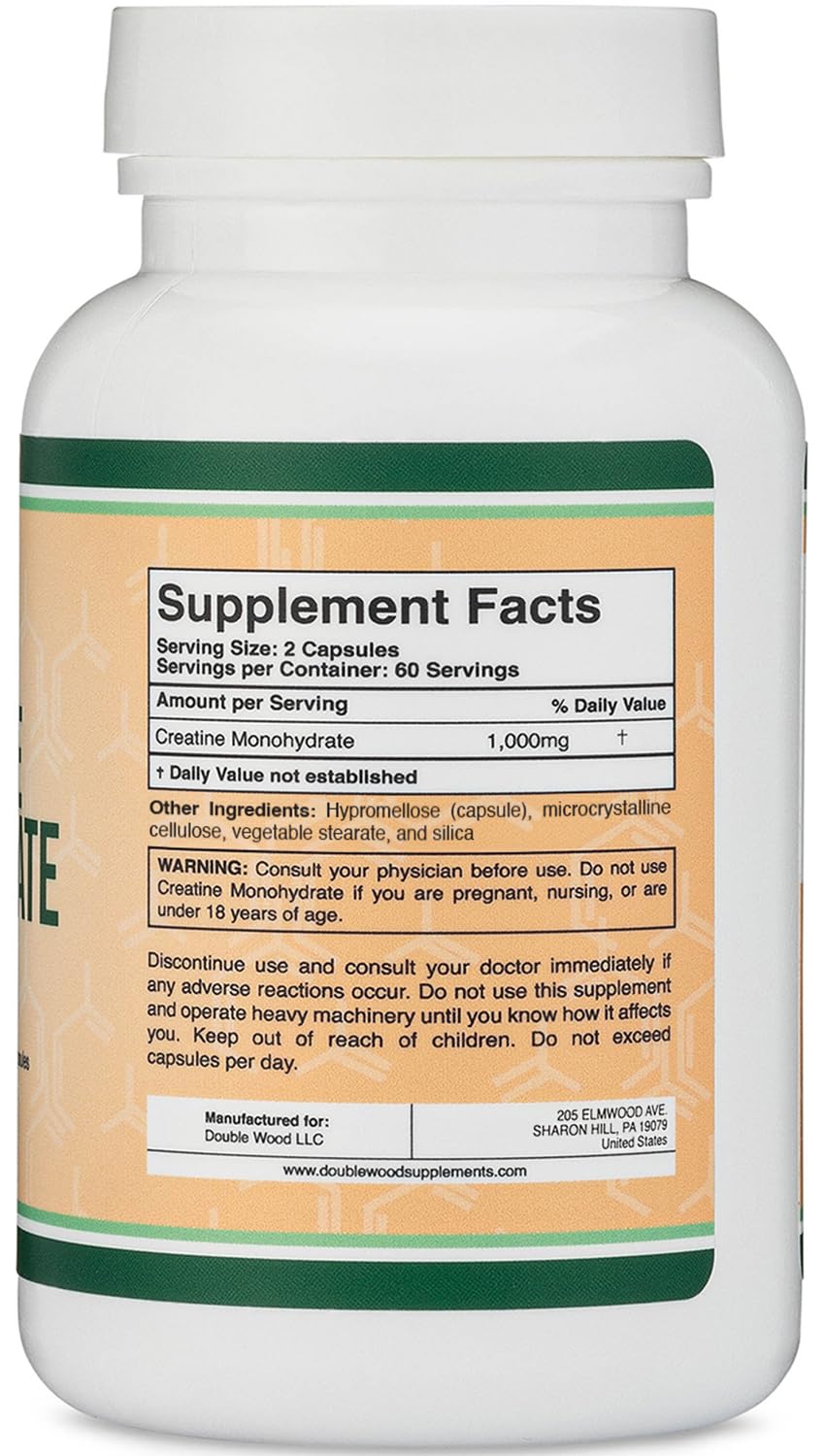 Creatine Monohydrate Capsules - 1g per Serving, 120 Count - No Fillers, Vegan Safe, Non-GMO, Gluten Free by Double Wood Double Wood SupplementsBuy Supplements Australia