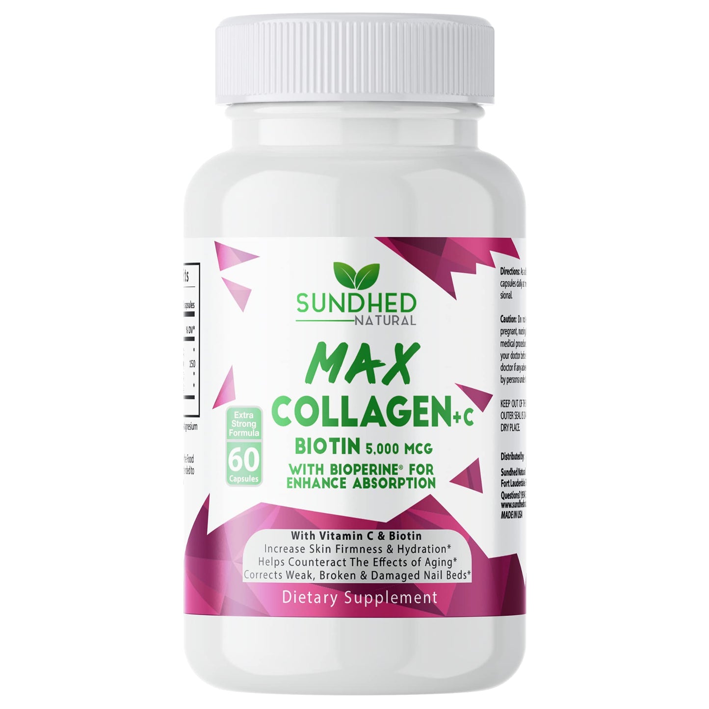 Sundhed Natural Max Collagen Plus C (60 caps) - All Natural Collagen Capsules with Biotin & Bioperine to Boost Anti Aging Hydration & Skin Firmness - Collagen Pills to Strengthen Bones & Nails Sundhed NaturalBuy Supplements Australia