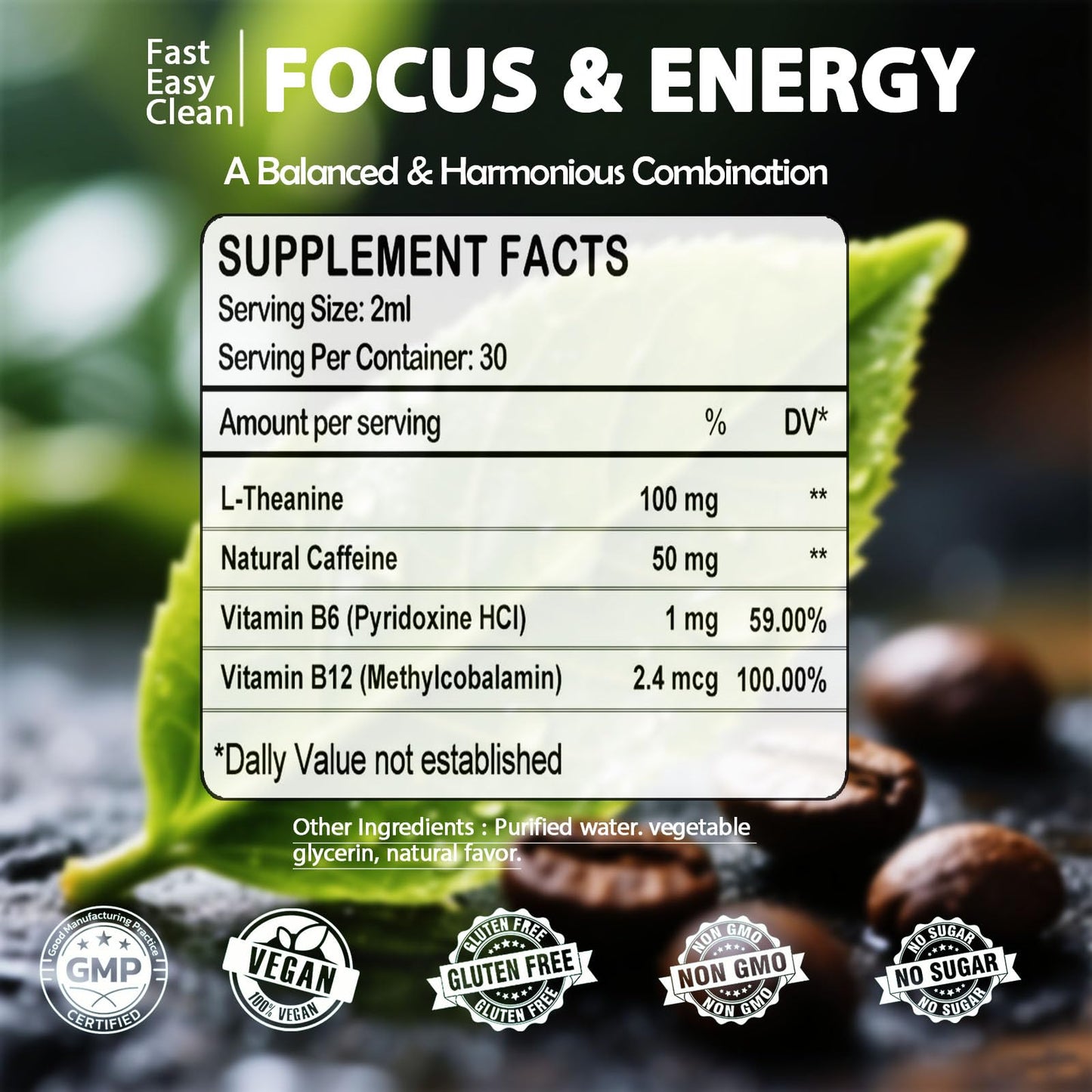 L Theanine Caffeine Liquid Drops, High Potency L-Theanine 100mg w. Caffeine Vitamin B12 B6, Natural Nootropic Brain for Smooth Energy Focus Alertness, 6X Stronger Than Pills Powder Gum WellVeraVidaBuy Supplements Australia