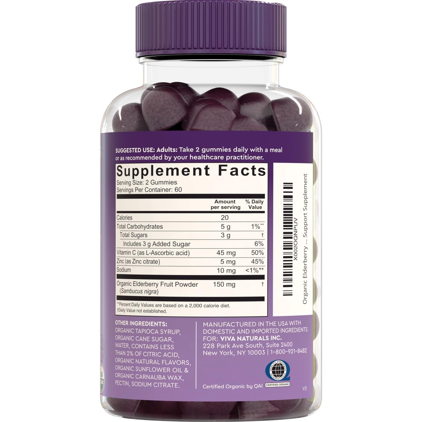 Viva Naturals Sambucus Elderberry Gummies for Adults - 150mg Black Elderberry Vitamin C and Zinc, 3-in-1 Daily Immune Support Gummies, Raspberry Rush Flavor