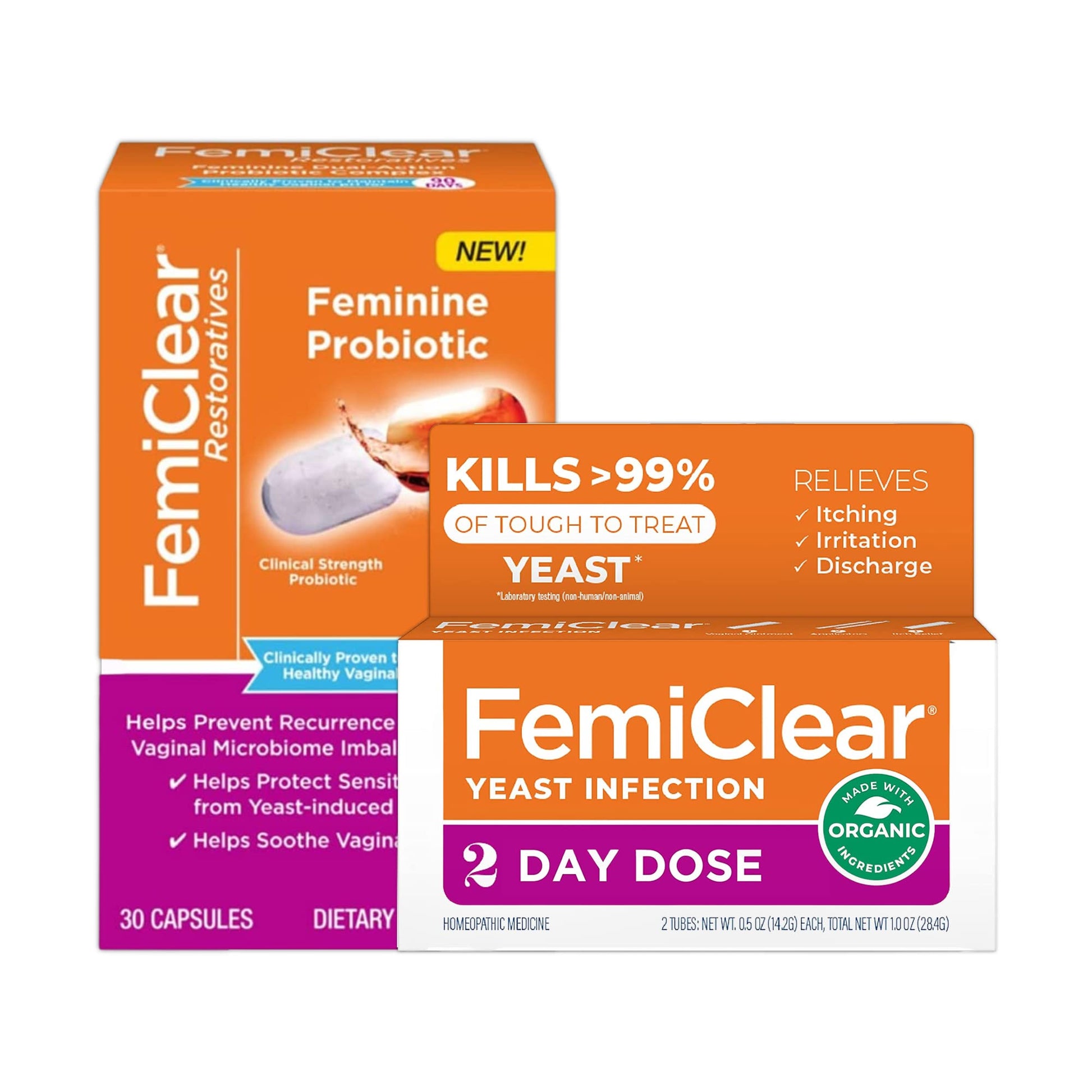 FemiClear 2-Day Dose Yeast Infection & Daily Dual-Action Probiotic, Natural Ingredients