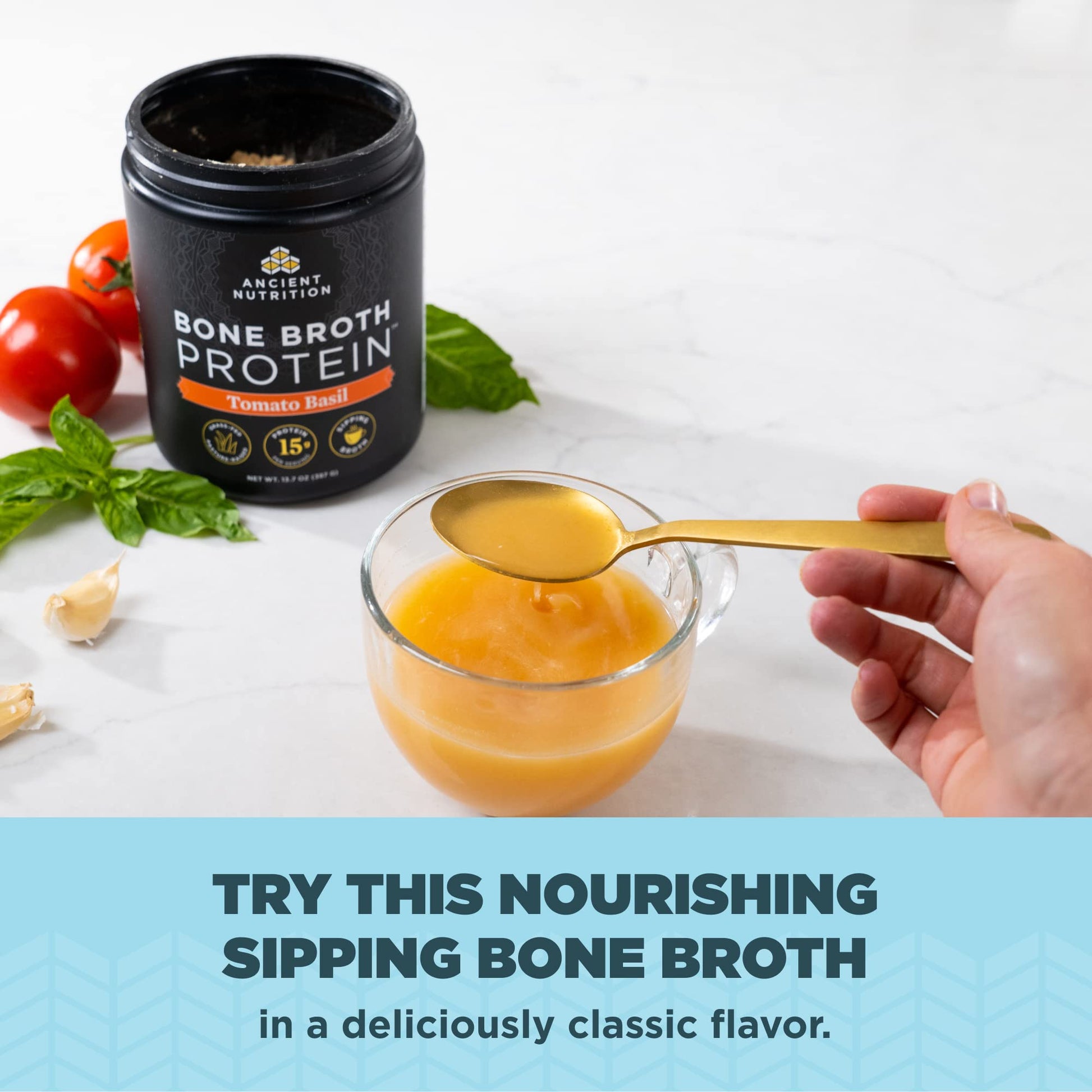 Ancient Nutrition Bone Broth Protein Powder, Tomato Basil, Grass-Fed Chicken and Beef Ancient NutritionBuy Supplements Australia
