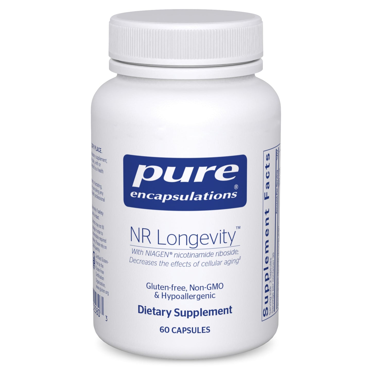 Supplement bottle labeled 'pure encapsulations NR Longevity' on a white background