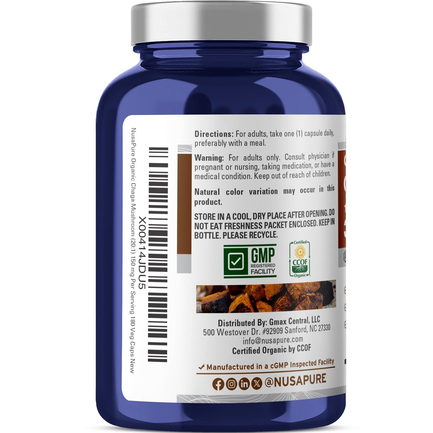 NusaPure Chaga Mushroom 20:1 Extract, 150 mg Equivalent to 3,000mg per Veggie Capsule, 180 Count, USDA Organic, Vegan, Non-GMO NusaPureBuy Supplements Australia