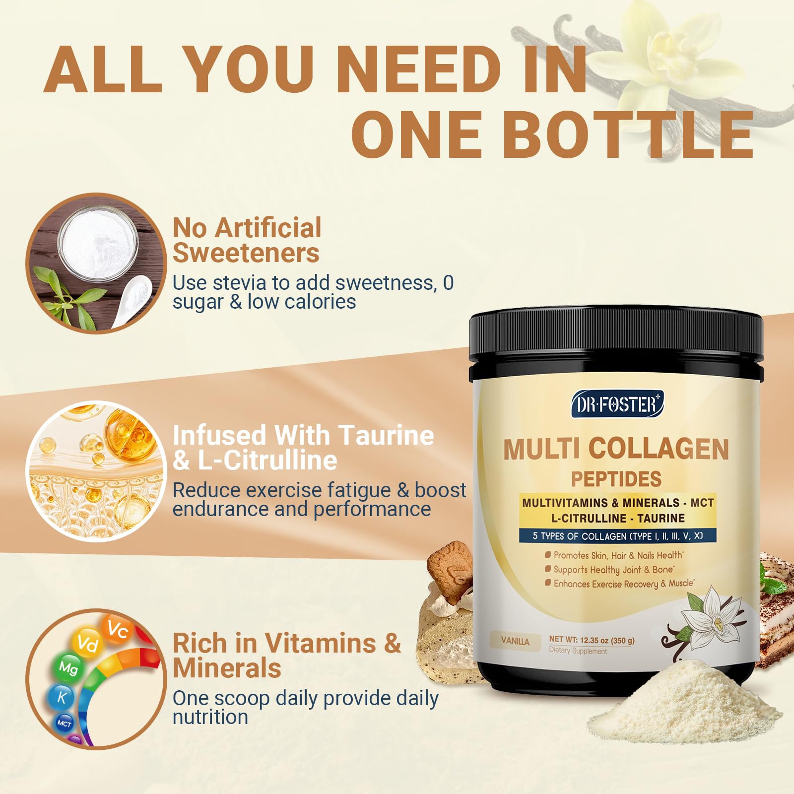 DRFOSTER Vanilla Collagen Peptides Powder for Women & Men, Multi Type I II III V X Collagen with multivitamins & Minerals for Skin, Hair & Nails & Joints, Non-GMO, 35 Servings DRFOSTER buy supplements Au