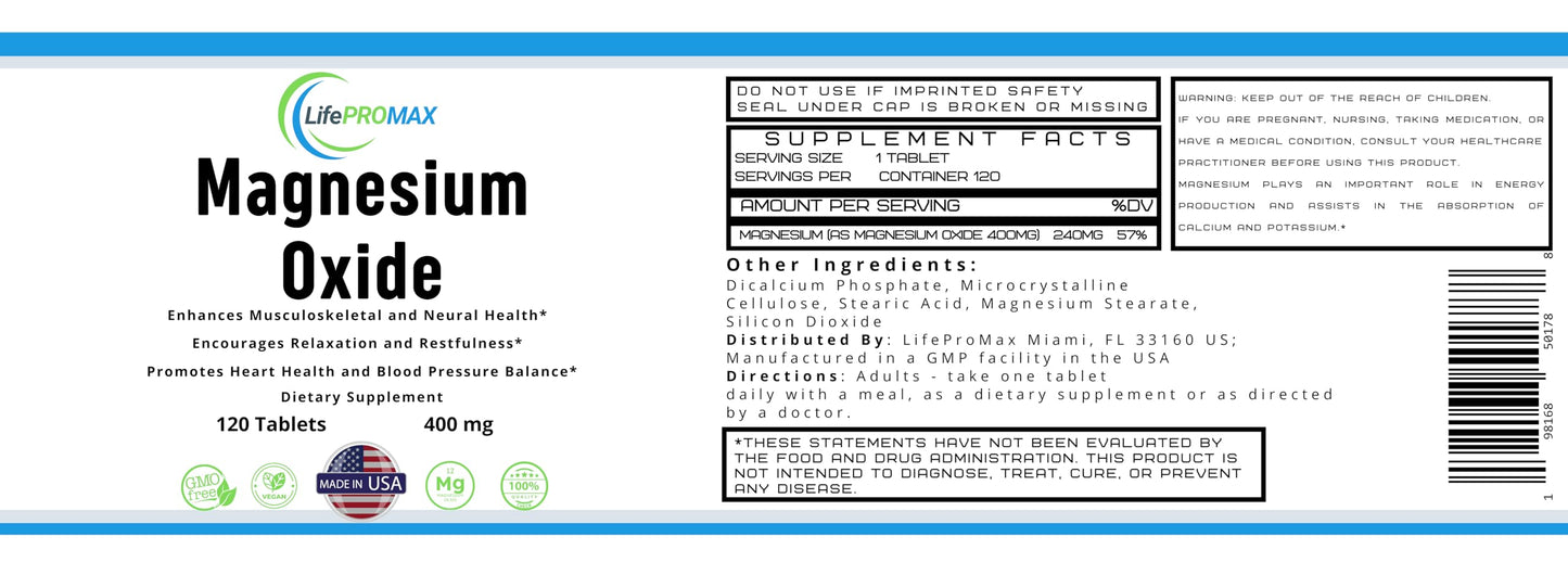 Magnesium 400mg [High Potency] Supplement – Magnesium Oxide for Immune Support, Muscle Recovery, Leg Cramps and Relaxation 120 Tablets LifePROMAXBuy Supplements Australia