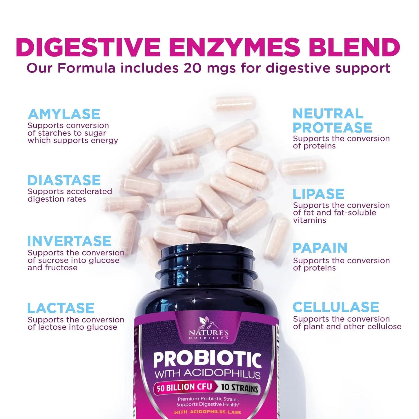Probiotics 50 Billion CFU per Serving - 10 Strains + Prebiotics - Digestive Health, Gut & Immune Support - Supports Occasional Constipation, Gas & Bloating for Women & Men Shelf Stable - 60 Capsules Nature's NutritionBuy Supplements Australia
