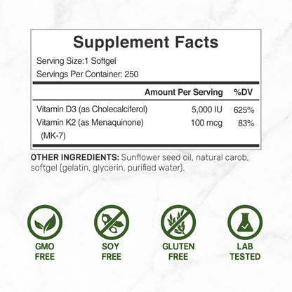 DEAL SUPPLEMENT Vitamin D3 5,000 IU + K2 MK7 Softgels, 250 Count | 2-in-1 Complex | Easy to Swallow