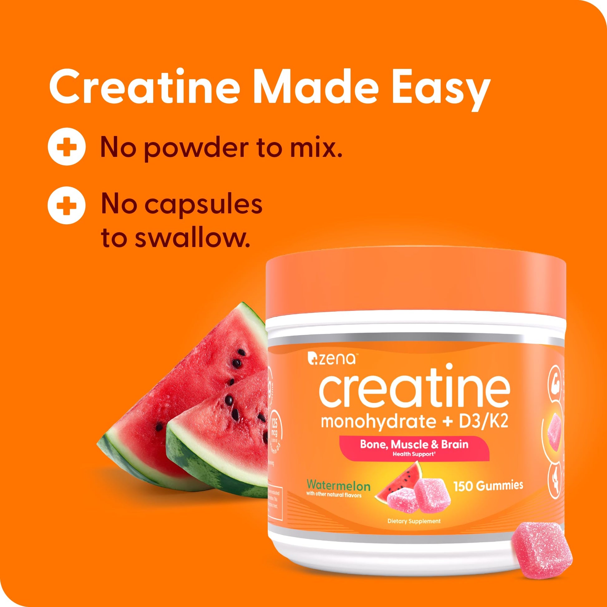 Zena Nutrition Creatine Gummies with D3 & K2, Creatine Monohydrate for Men and Women, Supports Bone, Muscle, & Cognitive Health, Gummy Workout Supplement, Watermelon Flavor, 150ct, 30 Daily Servings Zena NutritionBuy Supplements Australia