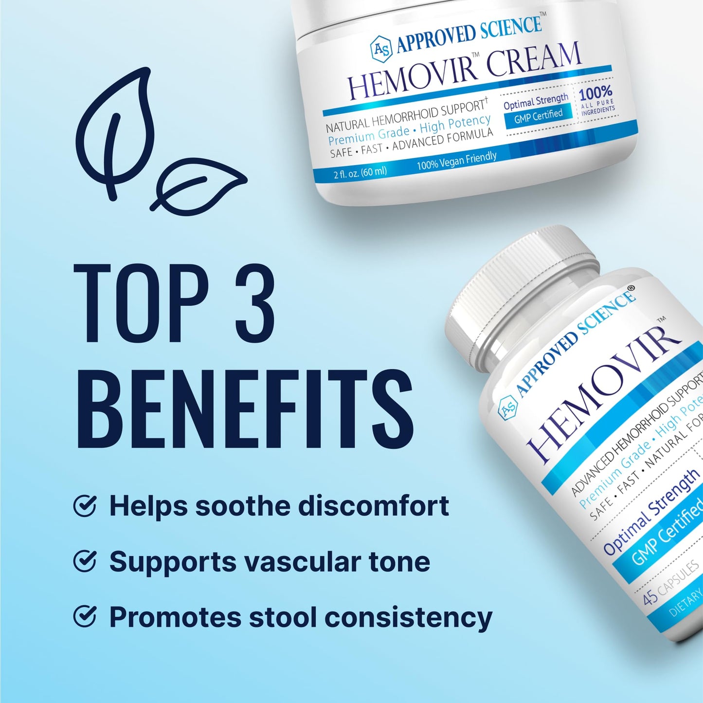 Approved Science Hemovir - Hemorrhoid Capsules and Cream - Dual-Action Stops Itching and Optimizes Blood Flow - Internal and External Care - 45 Capsules + 2 Fl Oz - Vegan - Non GMO - Made in The USA Approved ScienceBuy Supplements Australia