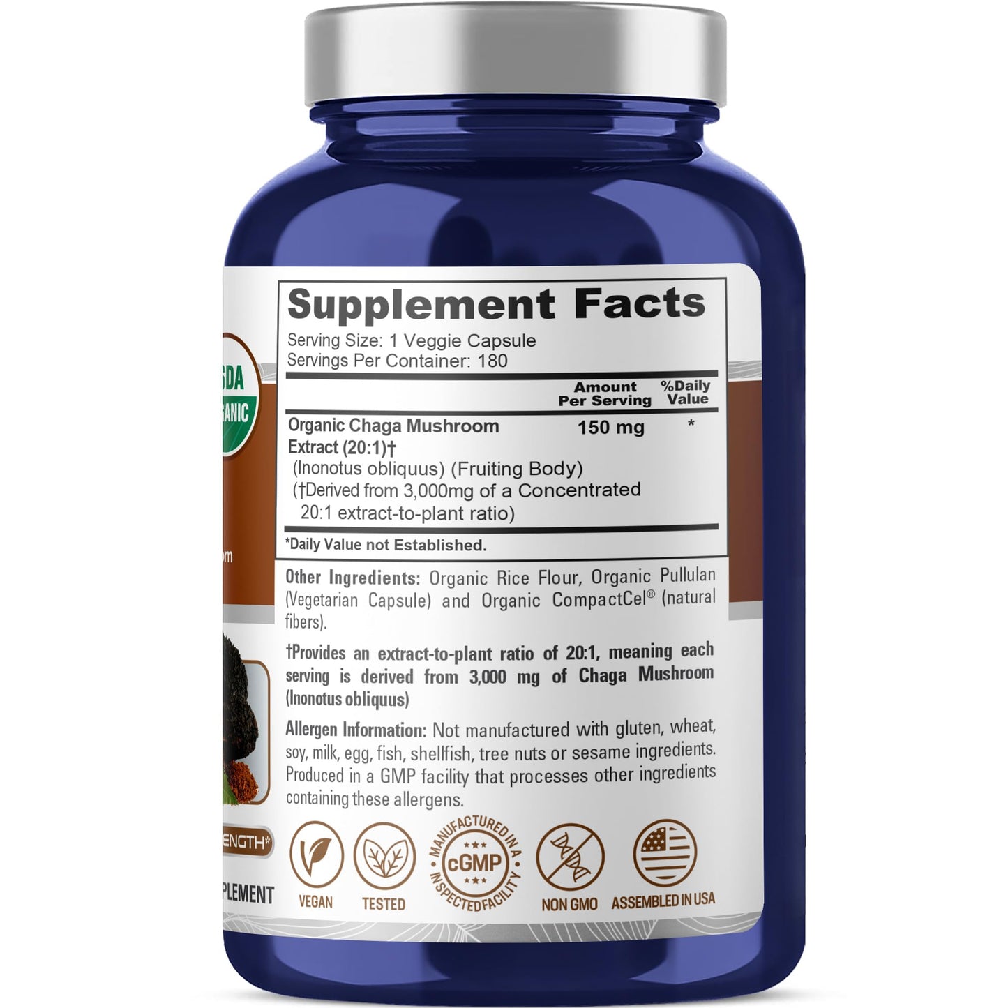 NusaPure Chaga Mushroom 20:1 Extract, 150 mg Equivalent to 3,000mg per Veggie Capsule, 180 Count, USDA Organic, Vegan, Non-GMO NusaPureBuy Supplements Australia