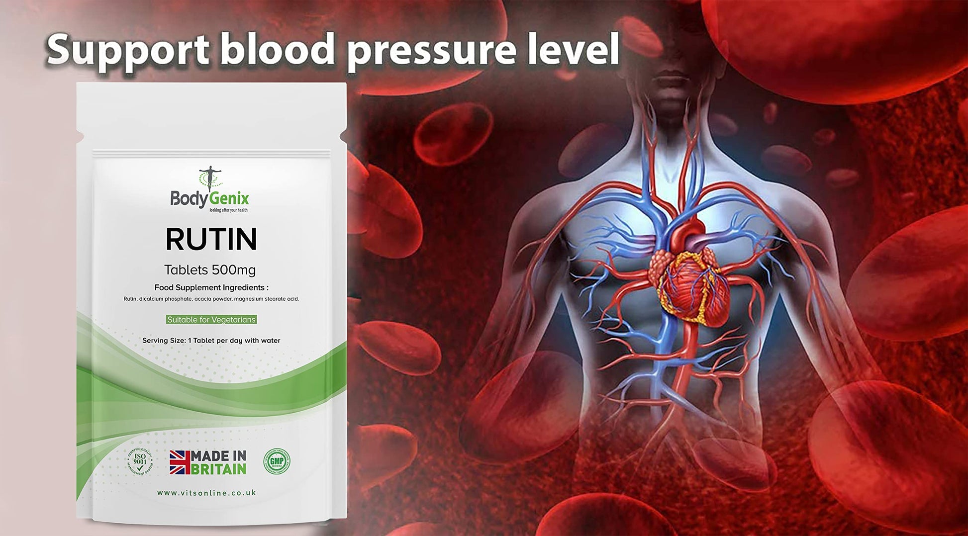 Bodygenix Rutin 500mg Tablets CAPILLARIES, VARICOSE Veins, Hemorrhoids Veg Friendly - UK Made (120) 4 Month Supply BodygenixBuy Supplements Australia