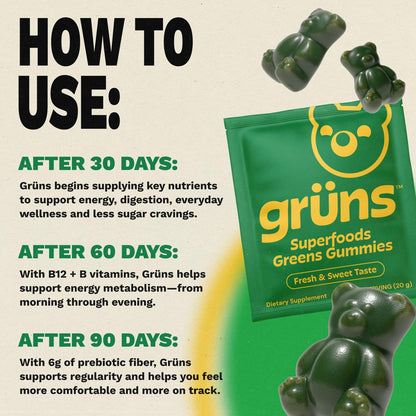 Gruns Adults Super Greens Gummies, Multivitamin Superfood Gummy Bears, Spirulina, Chlorella, Prebiotics & Fiber Gummies for Digestive Health GrünsBuy Supplements Australia