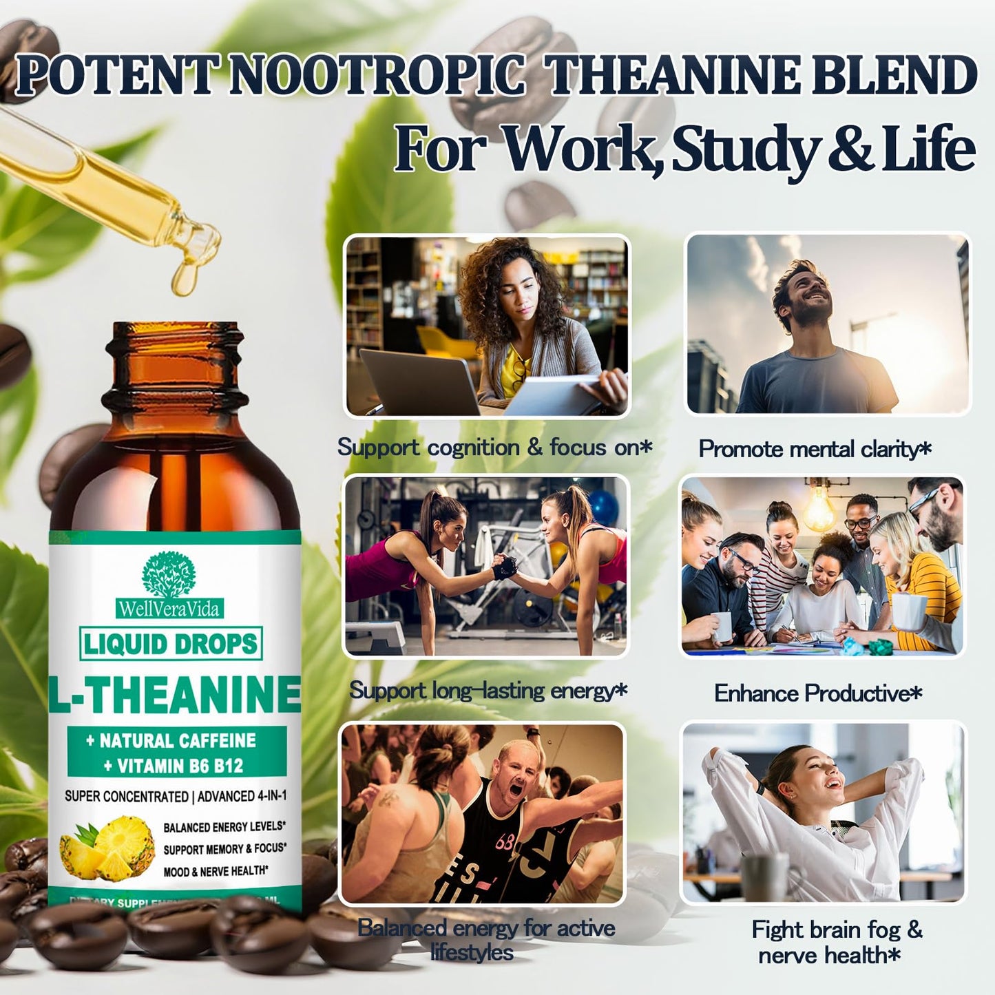 L Theanine Caffeine Liquid Drops, High Potency L-Theanine 100mg w. Caffeine Vitamin B12 B6, Natural Nootropic Brain for Smooth Energy Focus Alertness, 6X Stronger Than Pills Powder Gum WellVeraVidaBuy Supplements Australia