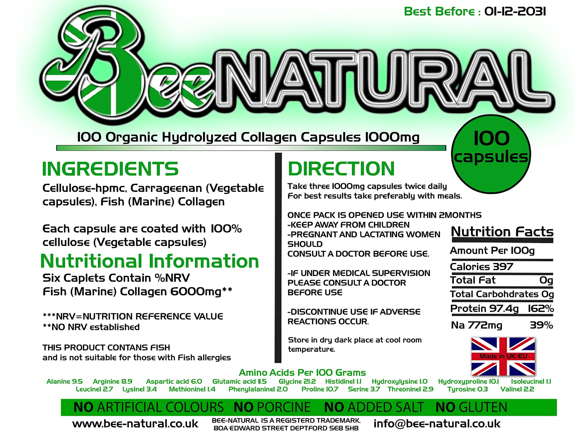 100 Hydrolyzed Collagen Capsules 1000mg Bee-natural Bee-naturalBuy Supplements Australia