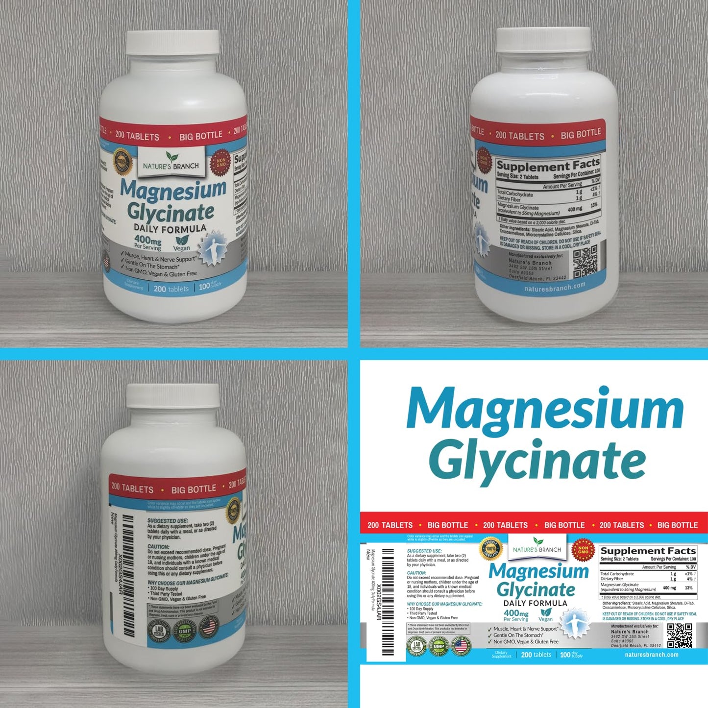 Magnesium Glycinate 400mg | 200 Tablets | High Absorption Mag Supplements for Sleep, Leg Cramps, Heart, Muscle, Calm | Non Buffered Bisglycinate, Extra Strength for Women and Men, Tablets Not Capsules NATURE'S BRANCHBuy Supplements Australia