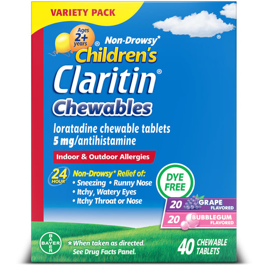 Claritin Children's Allergy Medicine, 24-Hour Non-Drowsy Loratadine 5mg Chewable Tablet, Antihistamine for Kids Ages 2 Years and Older, Grape & Bubble Gum Flavors, Dye-Free, 40 Tablets Claritin buy supplements Au