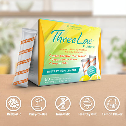 Global Health Trax ThreeLac Lemon Probiotic Drink Mix for Digestive Health - Advanced Probiotic Powder Formula for Men, Women, and Kids - Immune Support & Gut Balance, Non-GMO - 120 Packets ght Global Health TraxBuy Supplements Australia