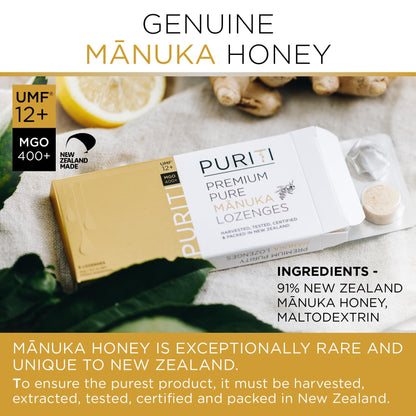 PURITI Premium Manuka Honey Lozenges High Potency - Sugar Free Drops | Genuine New Zealand Raw Manuka Honey Soothers for Coughs & Sore Throats | UMF Certified MGO 400+ UMF12+ (16 Pack) PURITI buy supplements Au