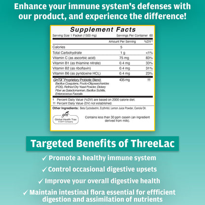 GHT - ThreeLac Lemon Probiotic Drink Mix for Digestive Health - Advanced Probiotic Powder Formula for Men, Women, and Kids - Immune Support & Gut Balance, Non-GMO - 240 Packets ght Global Health TraxBuy Supplements Australia