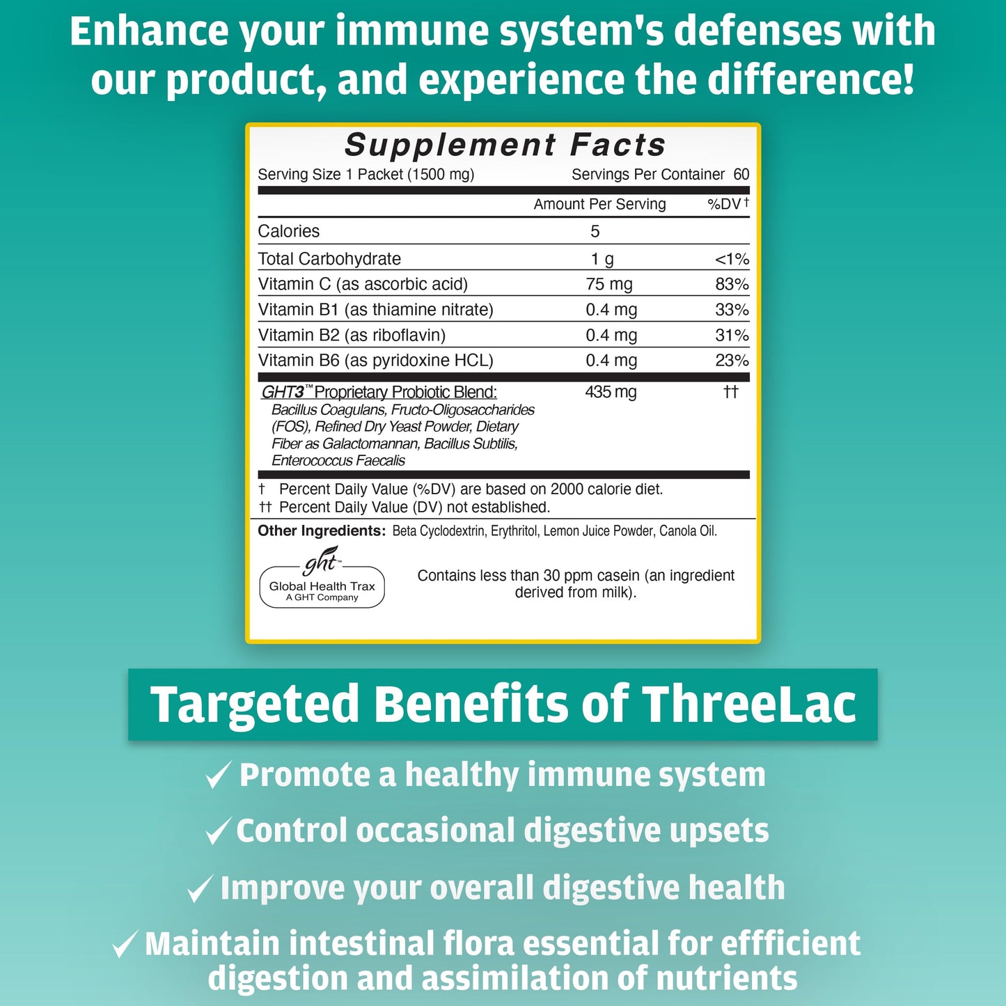 Global Health Trax ThreeLac Lemon Probiotic Drink Mix for Digestive Health - Advanced Probiotic Powder Formula for Men, Women, and Kids - Immune Support & Gut Balance, Non-GMO - 180 Packets ght Global Health TraxBuy Supplements Australia