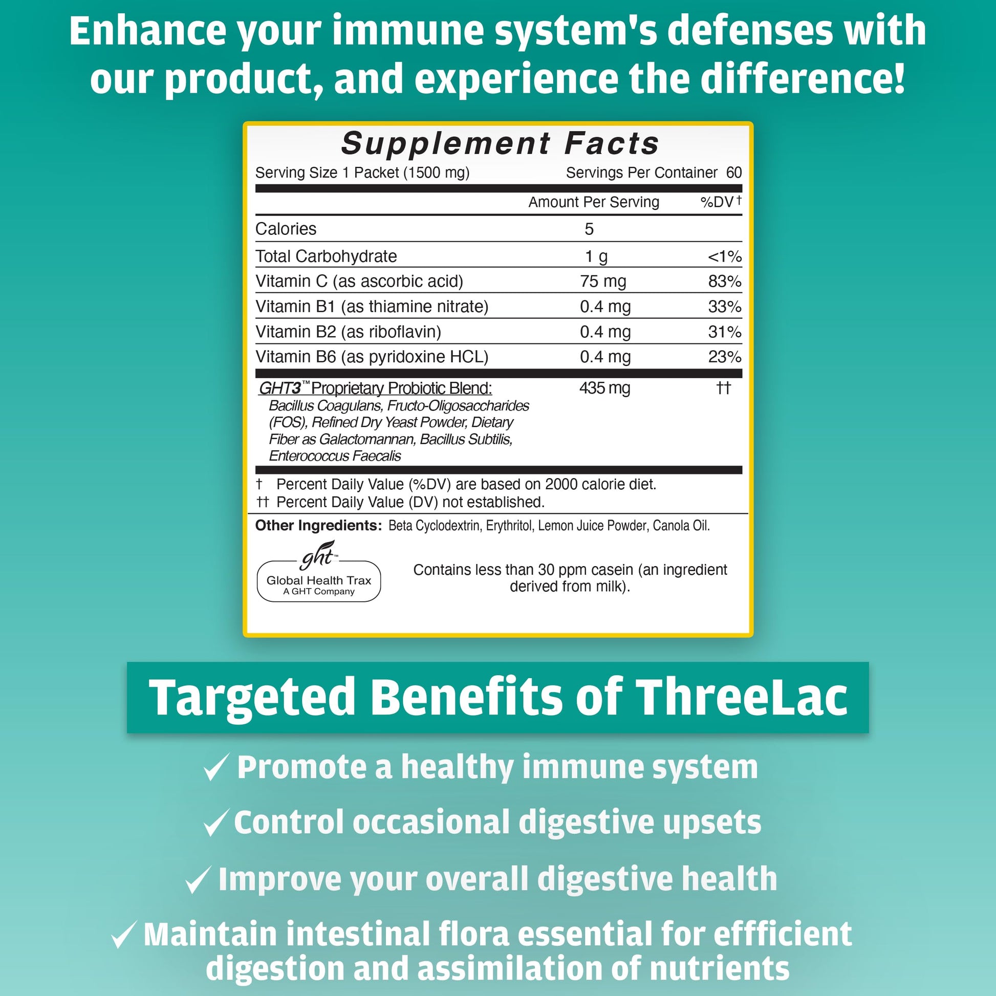 Global Health Trax ThreeLac Lemon Probiotic Drink Mix for Digestive Health - Advanced Probiotic Powder Formula for Men, Women, and Kids - Immune Support & Gut Balance, Non-GMO - 180 Packets ght Global Health TraxBuy Supplements Australia