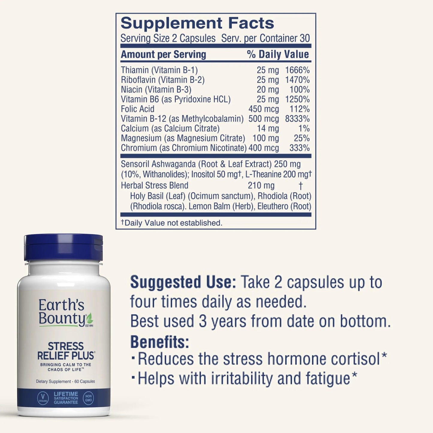 Earth's Bounty - Stress Relief Plus - 60 Vegetarian Capsules - All Natural Formula - Stress Support & Mood Enhancing Supplement Earth's BountyBuy Supplements Australia