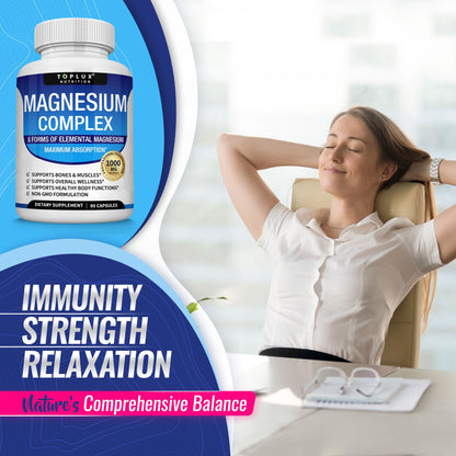 Magnesium Complex Supplement 8 Elemental 1000mg - Magnesium Glycinate, Citrate, Malate, Taurate, Chelated for Easy Absorption for Bones, Muscle, Recovery, Energy, Vegan Non-GMO 90 Capsules Toplux buy supplements Au