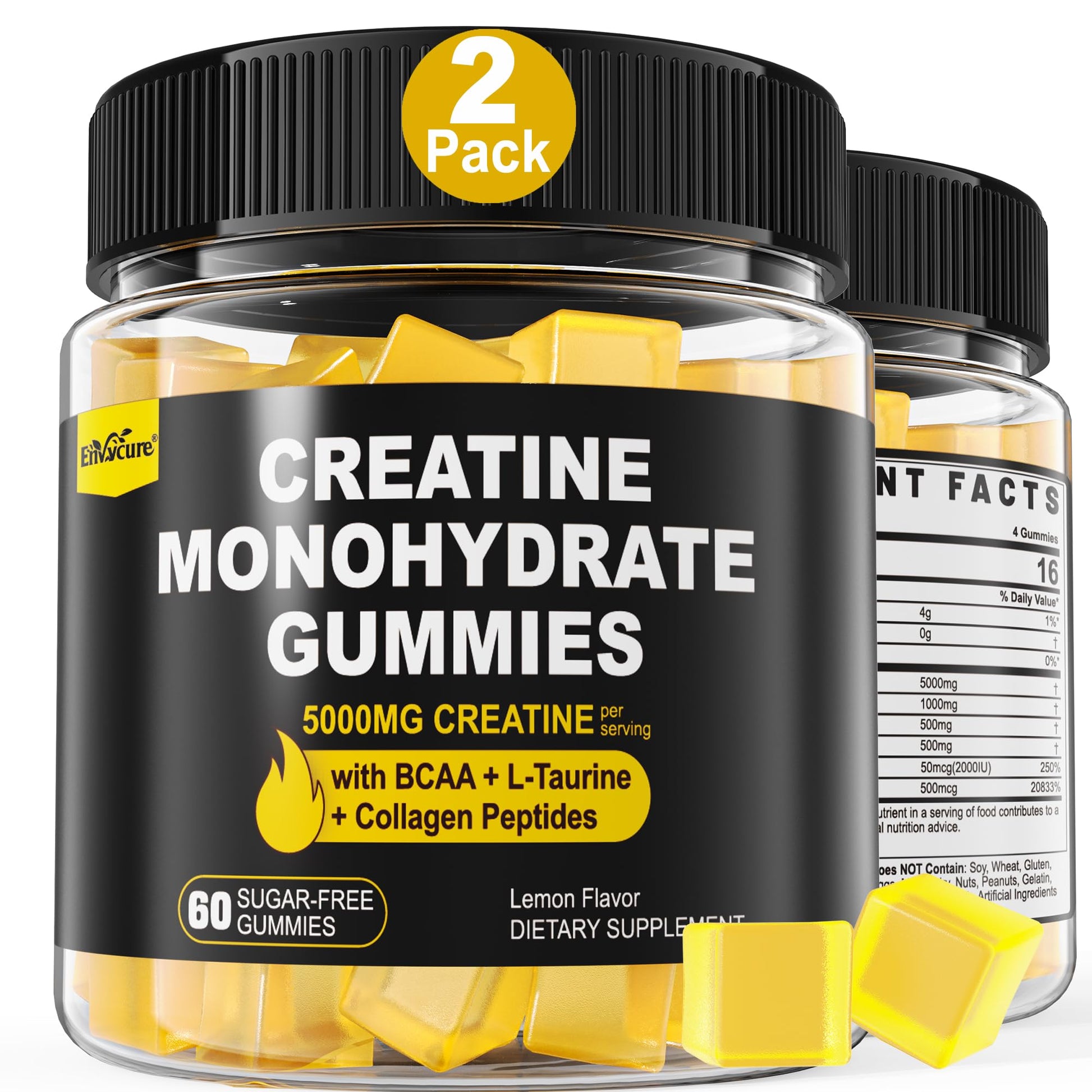 Creatine Monohydrate Gummies for Men & Women - with BCAA, Collagen Peptides, L-Taurine, Vitamin B12, D3, Chewables Creatine Monohydrate 5g Per Serving, Natural Lemon Flavor, Sugar Free, 2 Pack EnvyCureBuy Supplements Australia